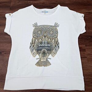 Style & Co PM M Petite Ivory Gold Stretch Cotton OWL Glimmery Pullover Top Bling
